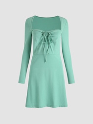 Cider Solid Wide Neckline Mini Dress