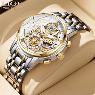 LIGE Fashion Men Watch Luxury Waterproof Sport Wristwatch Hollow Out Luminous Stainless Steel Quartz Watch + Box