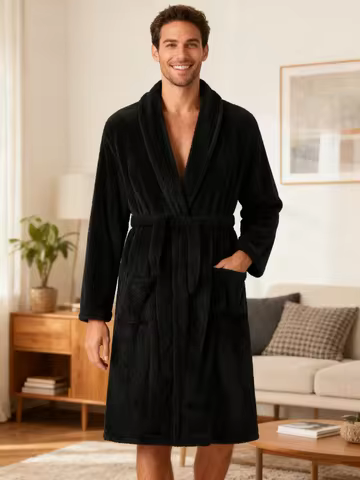 Men's soft home, outdoor sun drying, long sleeved nightgown, polyester fiber, convenient after bathi