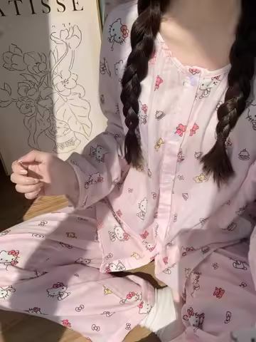 2pcs/Set Sanrio Hello Kitty Pajamas Anime Printed Women Pants Sleepwear Set Kawaii Cartoon Soft Comf