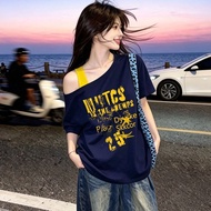 Loose insfvbesagb Shirt Shoulder Korean Heavy t Korean Version Two-Piece Version American Crossbody 