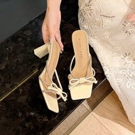75810 Ready Stock Summer Outer Wear High Heels 2026 New French Style Square Toe Rhinestone Bow Open 