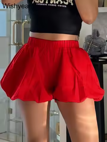 Casual Pleated Double Bubble Baddie Shorts for Women Elastic Waist Red Pants Summer Beach Y2k Street