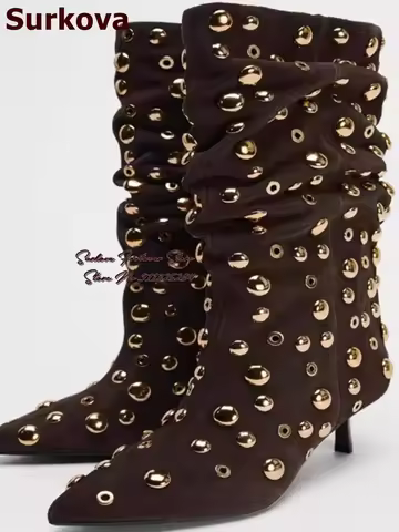 Surkova Golden Metallic Round Button Mid-Calf Boots Coffee Brown Suede Middle Heel Boots Ring Buckle