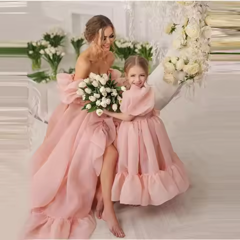 Elegant Pink Mom And Me Party Dresses Organza Custom Made Photo Shoot Mother And Daughter Matching E