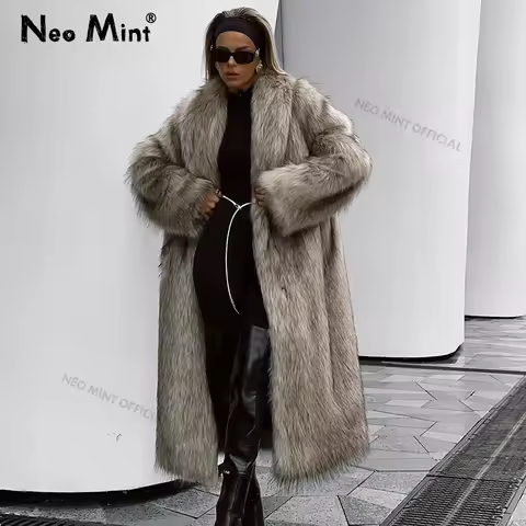 Neo Mint Luxury Mob Wife Aesthetic Long Faux Fur Coat Women Winter 2024 Fluffy Gradient Fox Fur Jack