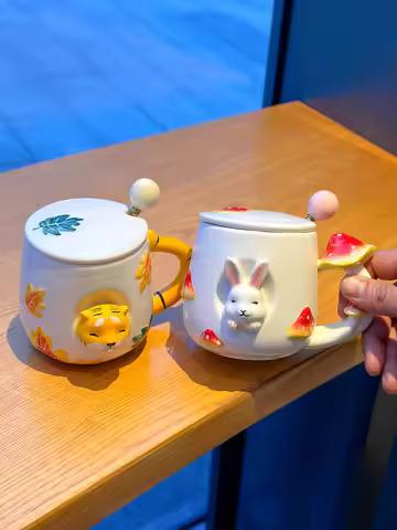 3D Animal Coffee Cup with Lid Mushroom Rabbit Fox Ceramic Mug Afternoon Camellia Flower Tea Breakfas
