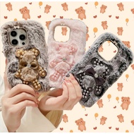 for Redmi Note 13R 12T 12S 11S Pro Max Plush Furry Phone Case Cover, Cute Pearl Bear + Luxury Diamon