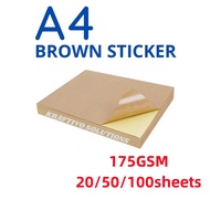 Kertas Pelekat Kraft A4 100pcs 175GSM | A4 Printable Brown Kraft Sticker | Label Pejabat Sekolah Bor
