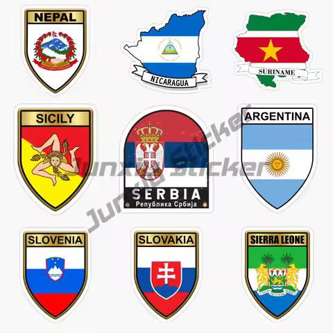 SERBIA SICILY SIERRA LEONE SLOVAKIA SLOVENIA NEPAL NICARAGUA Shield Flag Car Stickers Vinyl Self Adh