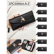 1 Piece Women's Folding Long Wallet Black Pu Leather Wallet With Floral Gold Initials A-Z, Cute Girl
