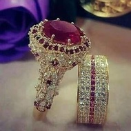 2pcs/Set Noble Exquisite Ring Fashion Jewelry Women's 18K Gold Ring Natural 1.52ct Ruby Diamond Ring