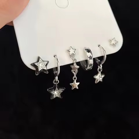 6pcs Set Earring Silver Color Star Dangle Earrings Vintage Metal Geometric Drop Earring for Women Fa
