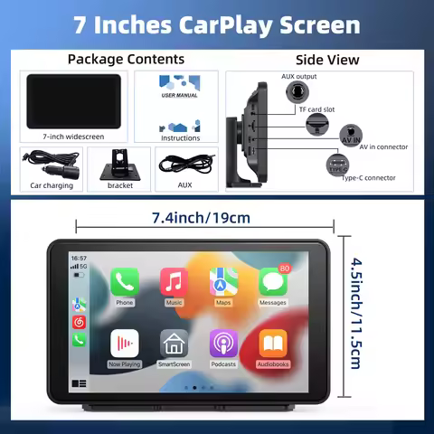 Portable Apple Carplay/Android Auto Screen for Car, 7 Inch Touch Screen Wireless Car Play Multimedia