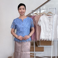 เสื้อลูกไม้ทั้งตัวผ้าฝ้าย (แขนสั้น)  ผู้ใหญ่ อก 38" 40" 42" 44" 46" อินกะออย In Ka Oil สีเขียว/น้ำตา