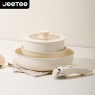【New Arrival】JEETEE Ceramic 3 PCS Detachable-Handle Non-Stick Induction Cookware Set Oven Safe Pots