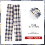 【TAOZI】M-4XL Women and Men Sleepwear Plus Size Pyjamas Long Pants Plaid Thin Knitted Cotton Pajamas 