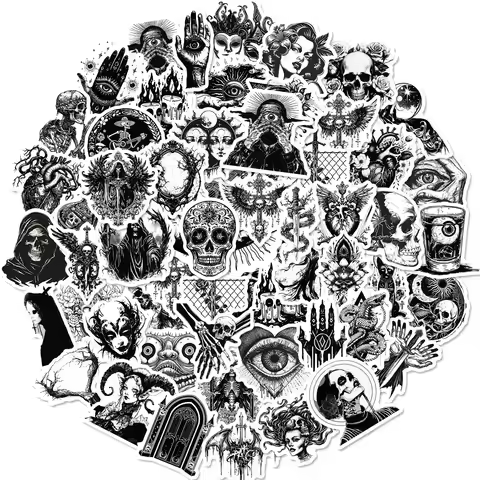 50Pcs Gothic Stickers for Water Bottle,Black White Skull Stickers,Waterproof Vinyl Stickers Perfect 