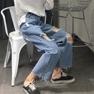 Korean Version Harajuku Style High Waist Straight Pants Female Student Loose Beggar Ripped Ankle-Leg
