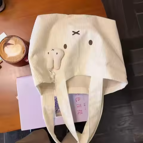Kawaii Miffy Bunny Corduroy Tote Bag Cute Cartoon Handbag for Fans White Bunny Plush Tote Bag Large 