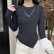 CUTNSEW [71441] Styling Chain Ribbed Top Casual Drawstring Short Women Fitted Narrow Waist Irregular