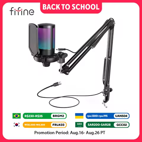 FIFINE USB Gaming Microphone Kit for PC,PS4/5 Condenser Cardioid Mic Set with Mute Button/RGB /Arm S