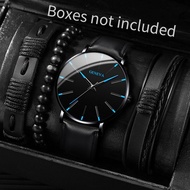 Geneva Watch Men's Business Wrist Watch Belt Quartz Watch+Leather Bracelet Set