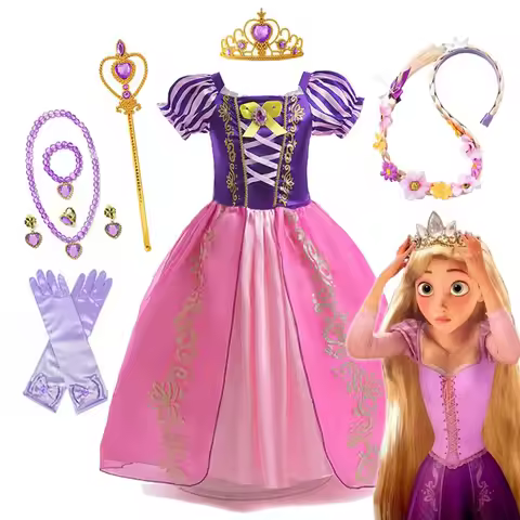 Disney Rapunzel Princess Dress Girl Purple Puff Sleeve Cosplay Tangled Costume Halloween Vestido Kid