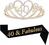 40th Gold Birthday Tiara and Black Sash Glitter Satin Sash and Crystal Rhinestone Tiara Crown for Ha