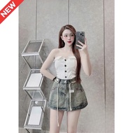 ELWYN short jean skirt, plain high-waisted a-line skirt with light blue patterns 81183
