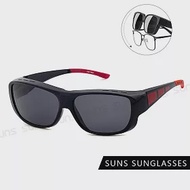【SUNS】包覆式太陽眼鏡 防滑腳/可套近視眼/可單戴 PC防爆鏡片 S03 黑框紅腳