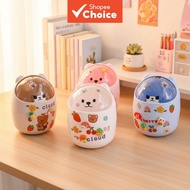 A small trash bin with a flip-top lid and cute bear design, ideal for desk use.  Sebuah mini tong sa