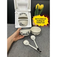 Set Of 4 Ceramic Cups + 4 Ceramic Spoons.!