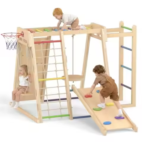 Indoor Jungle Gym 9 in 1 Wooden Montessori Baby Climbing Toys with Adjustable 2 Swings Ramp Monkey B