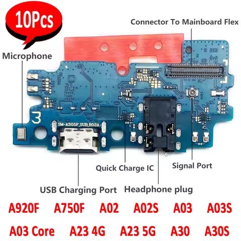 10Pcs，For Samsung A23 4G 5G A03 A03S A30 A30S A750F A920F A02 A02S USB Charging Port Socket Charger 