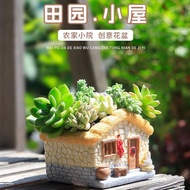 Chinese Style Cottage Shaped Succulent Plant Flowerpot Retro Rural Cottage Resin Flowerpot