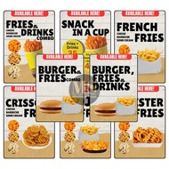 Burger Fries Drinks Snack in a Cup Laminated Signage and Waterproof Vinyl Sticker A4 Size