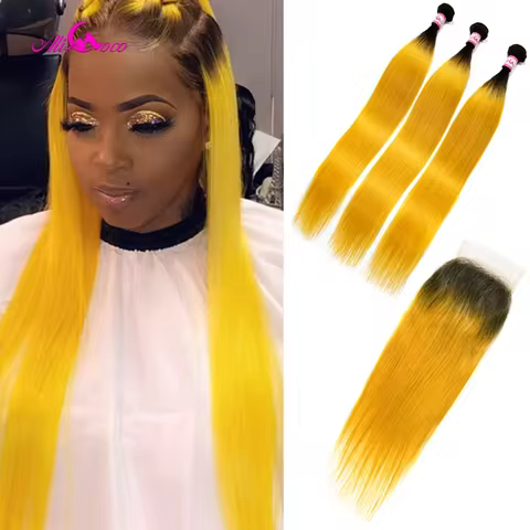 Ali Coco Brazilian Straight Human Hair 3 Bundles With Closure 1B/Yellow Color 10-30 Inch Remy Hair L