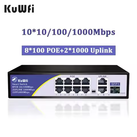 KuWFi 8-Port Smart PoE Switch｜2×1G Uplink Ports｜62W High Power｜IP Camera & WiFi AP Ready｜VLAN/QoS｜Su