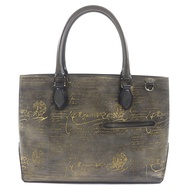 成色極佳：BERLUTI Toujours Scritto 灰色皮革書法金色包漿手提包，附防塵袋，義大利製，男士款