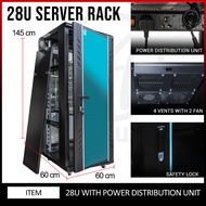 AmpAudio 28U Server Rack 60 cm Deep Cabinet Glass Door with PDU & Free Tray