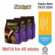 [EXP: 29/07/2024] Nutrigold Hot Chocolate Drink 3 in 1 (15x3 sticks) 3 packs bundle Minuman Coklat