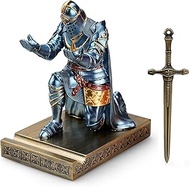 HDMbigmi King's Guard Leader Cloak Warrior Knight Pen Holder Mobile Phone Stand, Ornament Knight Statue, Pen Stand Paperweight with a Metal Sword Letter Opener for Office and Home (Blue)