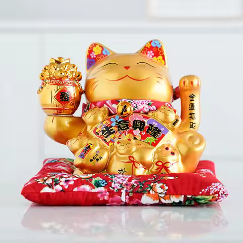 7.5 Inch Ceramic Maneki Neko Ornament Gold Porcelain Lucky Fortune Cat Chinese Feng Shui Decoration 