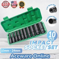 10PCS 1/2" 10-24mm Impact Socket Set Automotive Car Tools Hex Electric Impact Wrench Black Socket Ad