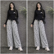 Long sleeves - Women's Set of black t-shirt with peplum cat print - loose pants with full kitty prin