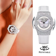 Fashion Rotating Butterfly Crystal Sparkling Rhinestone  Quartz Ladies Watch Casual Shiny Leather Wo