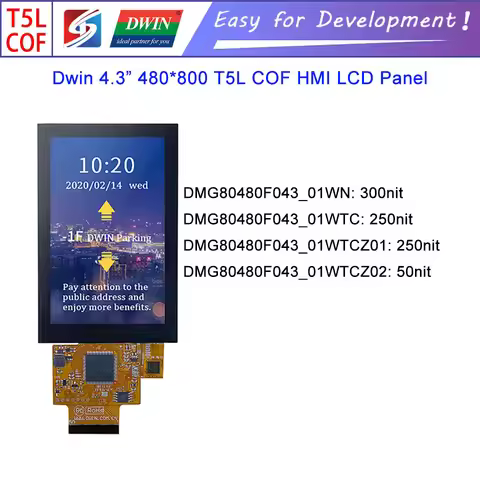 Dwin T5L HMI Intelligent Display, DMG80480F043_01W 4.3" 480X800 COF UART IPS LCD Module Screen Capac