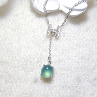 |招財女神|A貨翡翠冰玻晴藍杠蛋面6.5mm純銀鍍18k字母項鍊