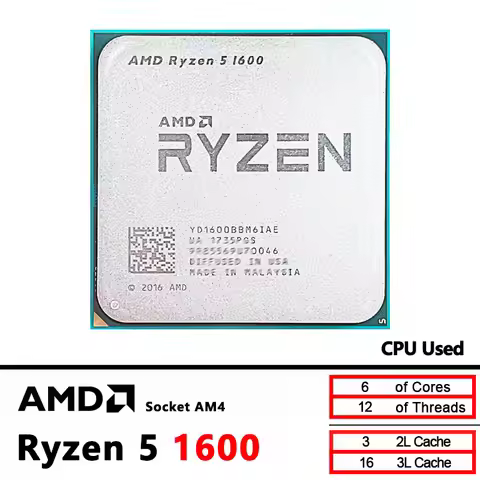 AMD Ryzen 5 1600 R5 1600 3.2 GHz Used GAMING Zen 0.014 Six-Core Twelve Thread 65W CPU YD1600BBM6IAE 